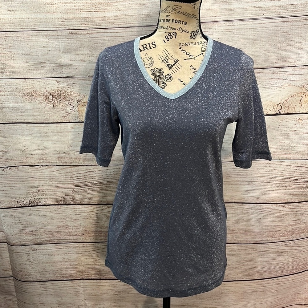 Le Comte Metallic Tee Shirt Top NWT Blue Size 36 Small Short Sleeve